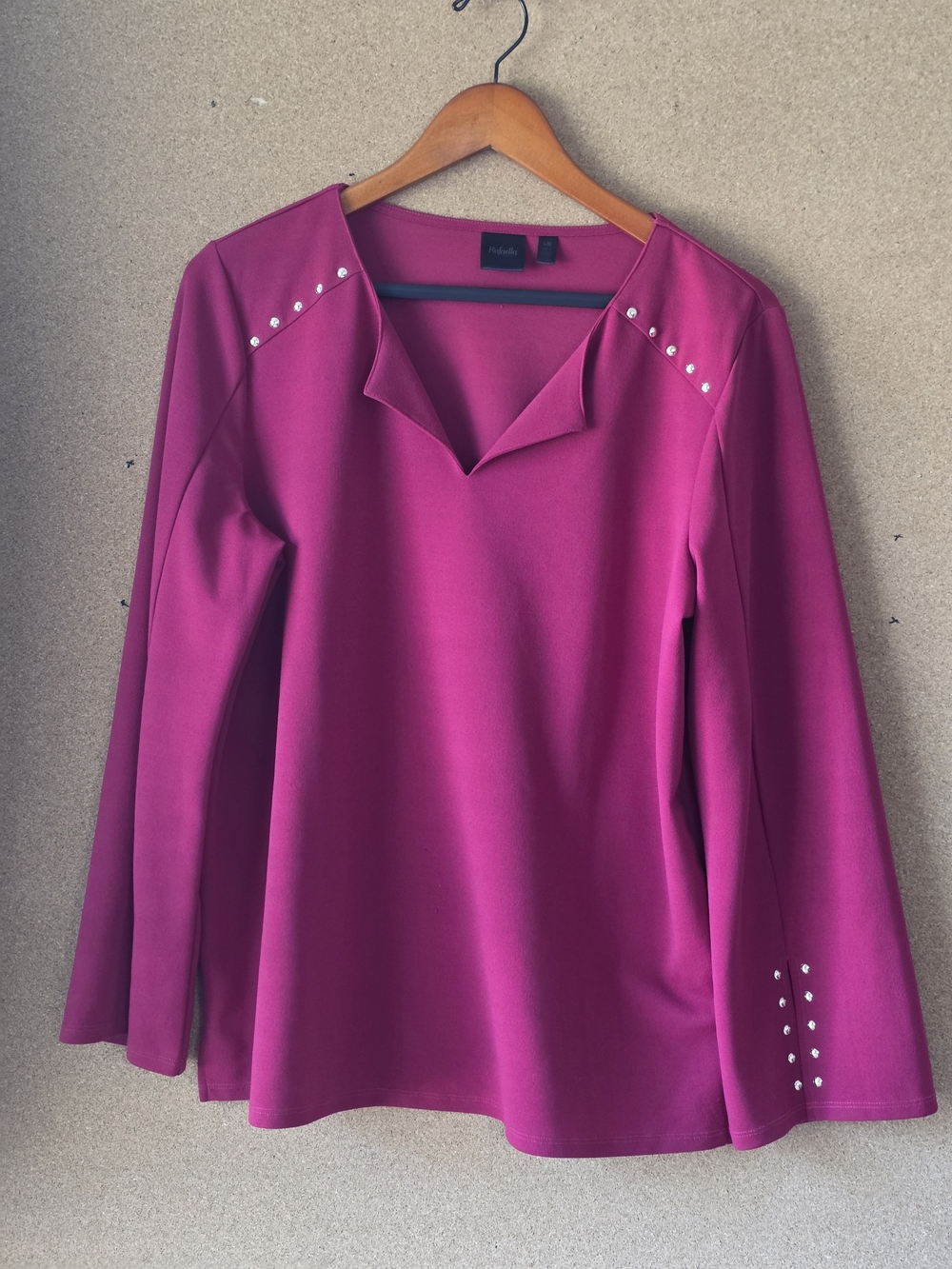 Rafaella Magenta Studded Split V-Neck Blouse Top Lg Silver Embellished Red/Pink